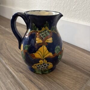 Vintage Talavera Amora Mexican Hand Painted Blue Pitcher 6.5"
